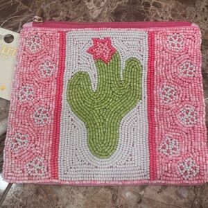 Pink Seed Bead Cactus Coin Purse / Zip Pouch / Handmade/ KayLee New York